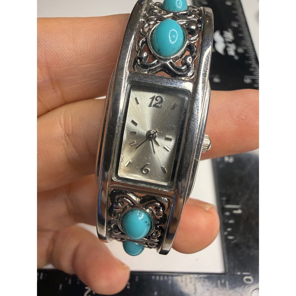 FMD Womens Silver Tone Faux Turquoise Filigree Hinged Cuff Bangle Watch FY1225